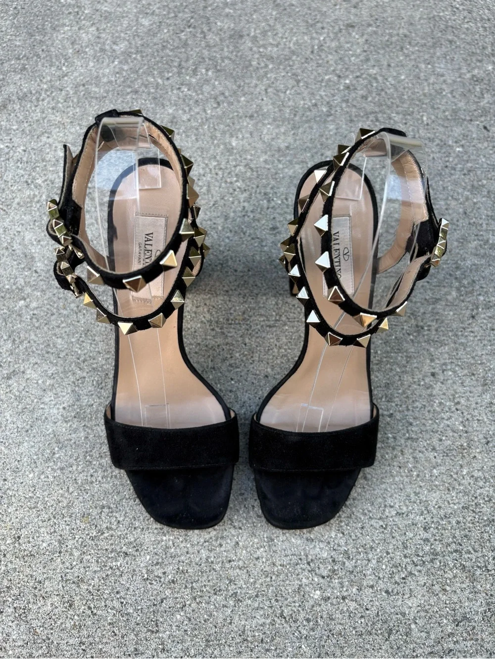 Valentino Rockstud black suede double ankle strap block heel sandal 36.5
